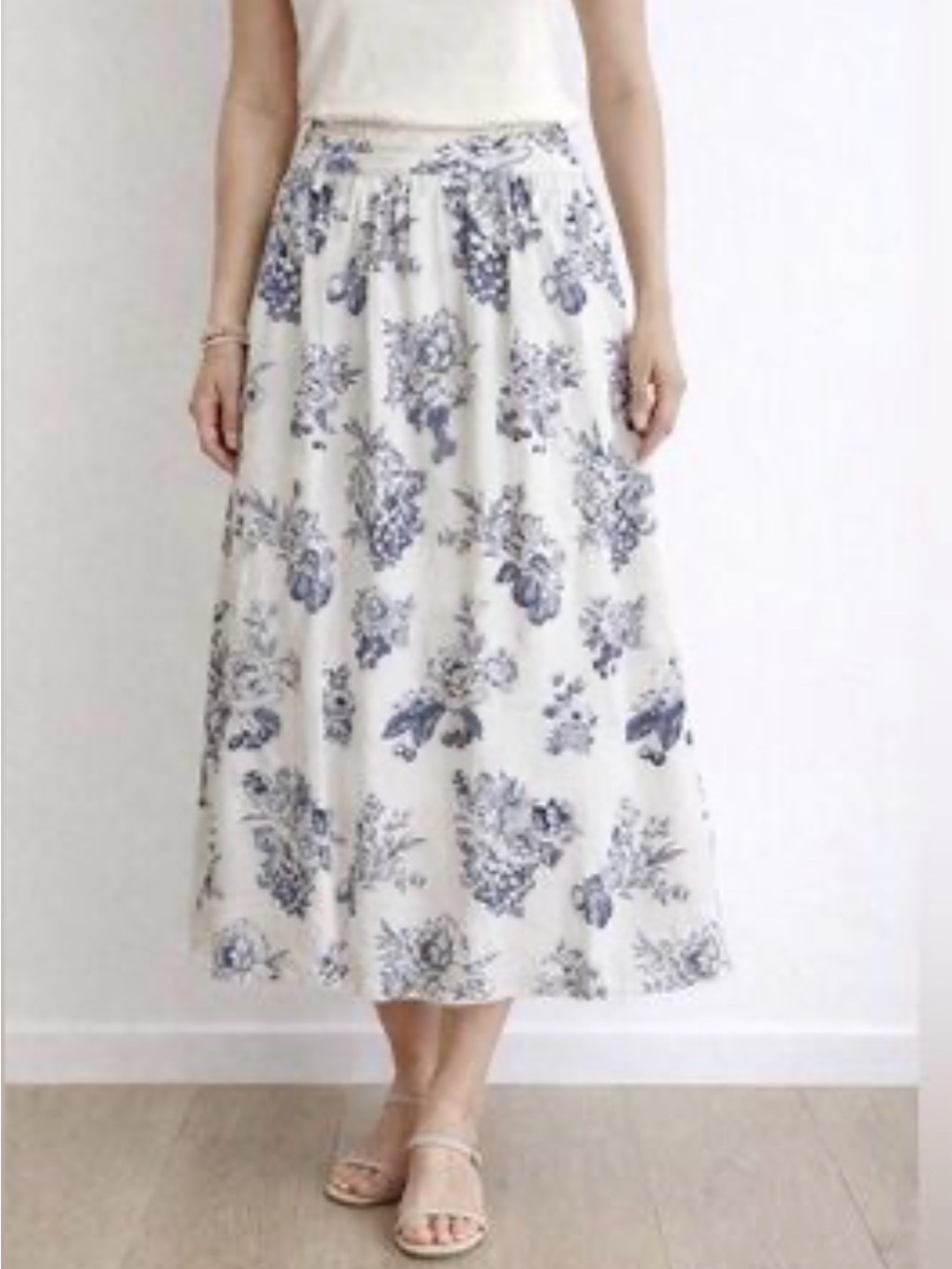 Joie White Linen Blend Navy Blue Floral Fruit Print A Line Midi Skirt New